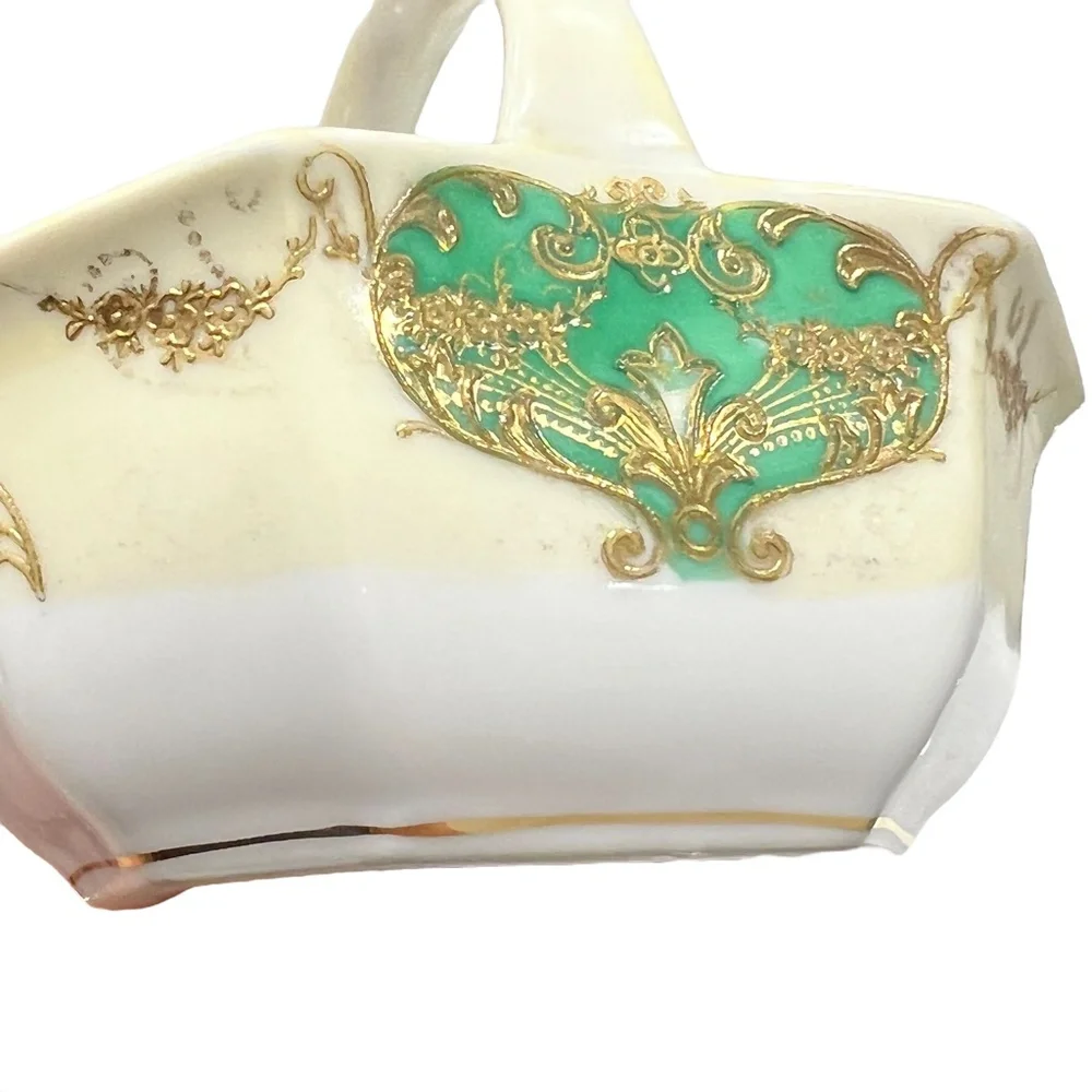 NORITAKE GREEN/GOLD/YELLOW HAND PAINTED PORCELAIN CERAMIC MINI BASKET